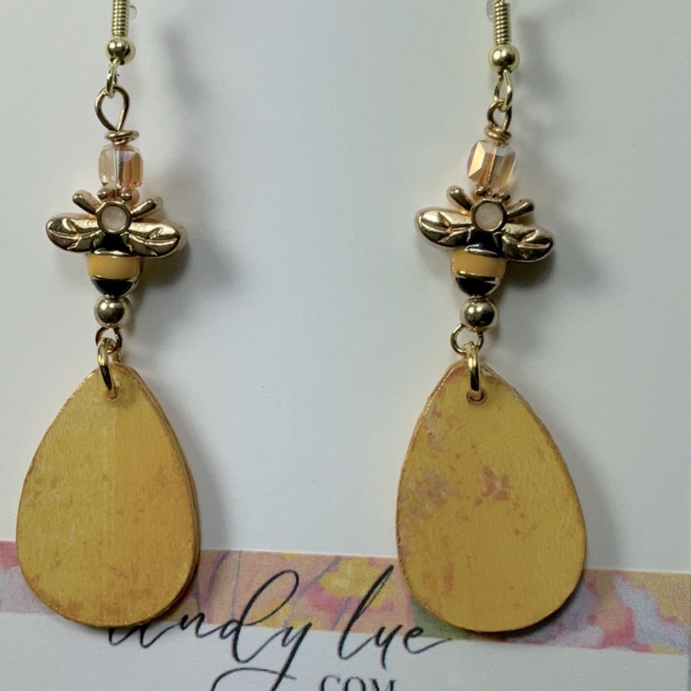 Golden Dangle Teardrop Statement Earrings with Bee Charm - Picture 3 of 9